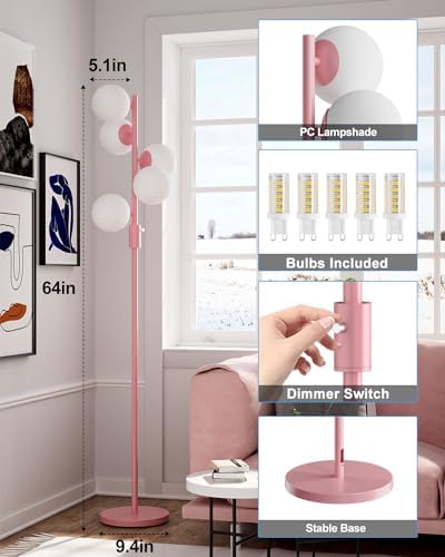 64IN Dimmable Pink Floor Lamp, Tall Standing Lamps with 5 Globe Soft Warm White Eye Care 3000K G9 Bulbs, Mid Century Modern Floor Lamp with 5Lbs Heavy Base for Living Room Bedroom Office