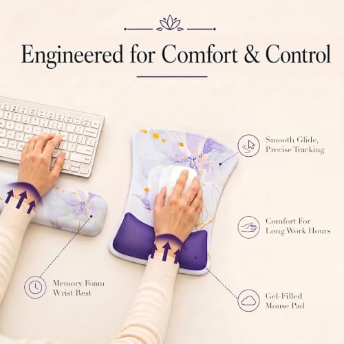 Gel Mouse Pad & Memory Foam Keyboard Wrist Rest Set, Purple Floral