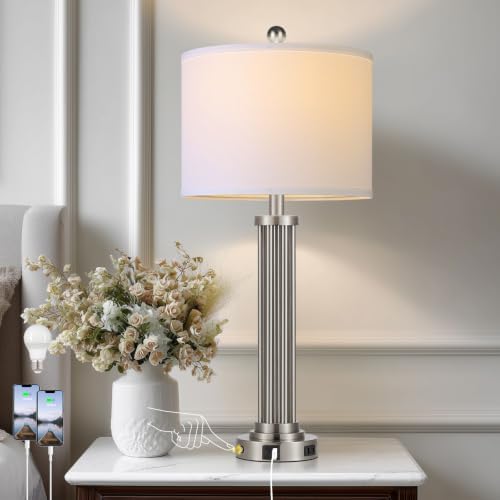 28" Tall Modern Table Lamp with USB C+A Ports and AC Outlet, 3 Way Touch Metal Bedside Lamps for Bedroom, Silver Nightstand Lamp for Living Room