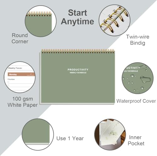 Weekly Productivity Planner - 8" x 11" Dashboard Desk Pad/Planner, Habit Tracker, Spiral Undated Weekly Planner for Office/School/Home, 54 Weeks, Green