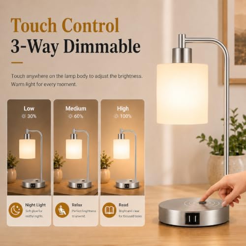 Set of 2 Industrial Touch Control Table Lamps with 2 USB Ports and AC Outlet - 3-Way Dimmable Nickel Bedside Lamp Nightstand Desk Lamps for Bedroom Living Room, Opal Glass Shade & 2 LED Bulbs Included