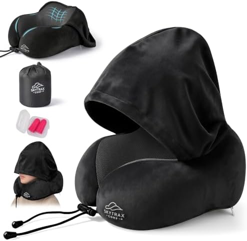 SkytraxComf® Travel Neck Pillow with Hood for Privacy on Long Flights