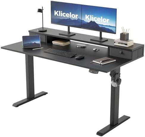 Klicelor 55 x24 Inch Electric Standing Desk with Drawers, Adjustable Height Small Sit Stand Desk for Home Office, Compact Computer Workstation with Storage– Black