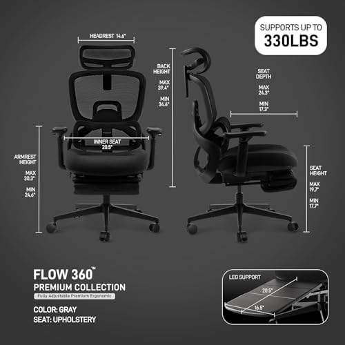 FLOW360 Ergonomic Mesh Office Chair with Footrest, Big&Tall Chair Black FM