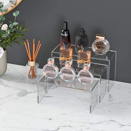 Sezanrpt 9x9.5x10 Inch Clear Display Risers Shelf 3pcs, Countertop Rectangular Acrylic Display Stands for Funko Pop Figure, Bags, Collectibles