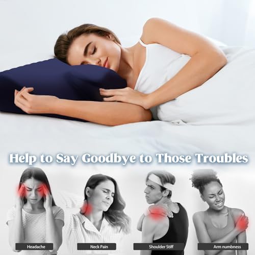 Cooling Contour Memory Foam Pillows Support Odorless Ergonomic Neck Pillow Adjustable Orthopedic Bed Pillow for Side Back Stomach Sleeper Cervical Pillow for Neck Pain Relief,with Pillowcase,Navy
