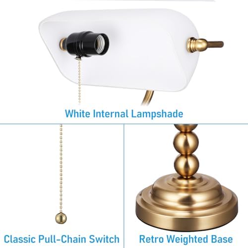 TORCHSTAR Ivory White Glass Bankers Desk Lamp with Pull Chain, E26 Base
