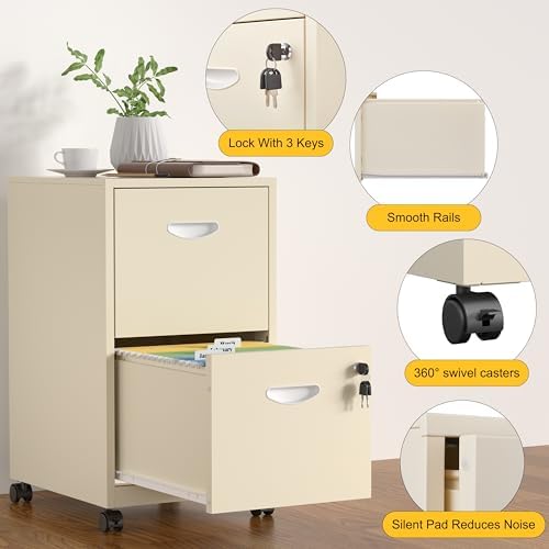 SteeLoong 2 Drawer File Cabinet,Metal Mobile File Cabinet with Lock Cream