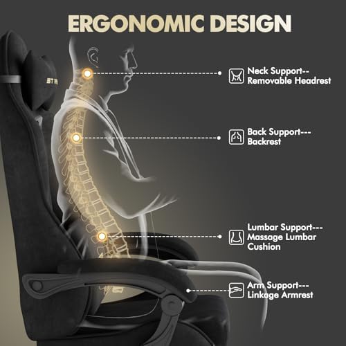 Soontrans Black Velvet Gaming Chair with Footrest, Ergonomic Reclining Computer Desk Chair, Massage Lumbar Cushion & Headrest, Comfortable Video Game Chair for Adults