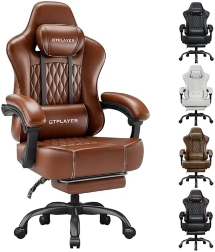 GTPLAYER Big and Tall Gaming Chair with Footrest, Ergonomic Office Desk Chair with 4.4in Thick Cushion and Wide Wingless Seat, Comfortable Leather Computer Chair, Predator Series, Chocolate Brown