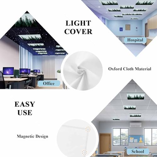 Pine Tree Forest Magnetic Fluorescent Light Covers for Ceiling Lights 2 x 4 Feet, Green Landscape Nature Decor Office Classroom Kitchen Drop Ceiling Light Covers Lighting Filters Shade Panel 3 Packs