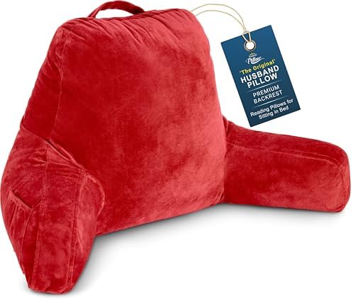 Husband Pillow Red, Original Reading Pillow in Bed Rest Chair, Shredded Memory Foam Large Lounge Cushion Adult Backrest with Arms, Comfy Back Support for Sit Sitting Up, Washable/Removable Cover