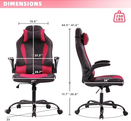 Video Gaming Chair,Ergonomic Computer Office Desk Chair with Lumbar Support Flip Up Arms Adjustable Height Swivel PU Leather Executive with Wheels for Kids Adults Women Men Gaming Home Office(Red)