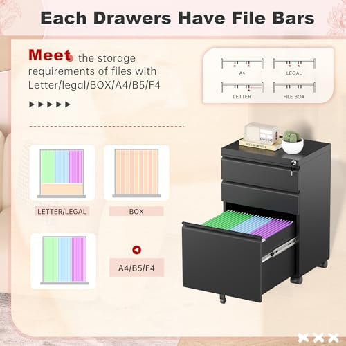Superday Black File Cabinet 3 Drawer, Fully Assemble Metal Rolling Vertical Filing Cabinet with Wheels, Small Under Desk File Cabinets for Home Office
