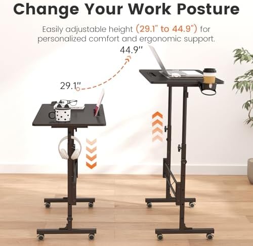 Hadulcet Small Standing Desk Adjustable Height, Mobile Stand Up Desk with Wheels, Portable Walking Pad Table Stand, Rolling Laptop Cart for Standing or Sitting, Black