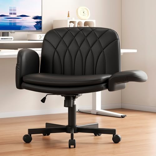 Misolant Criss Cross Chair with Armrests & Wheels for Cross-Legged Sitting, Comfortable PU Leather Vanity Chair, Office Desk Chairs with Adjustable Rocking Function, for Home, Bedroom Black