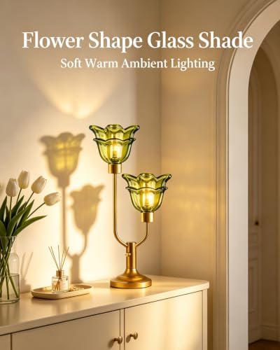 Green Glass Flower Table Lamp Vintage Dimmable 2 Bulbs Included
