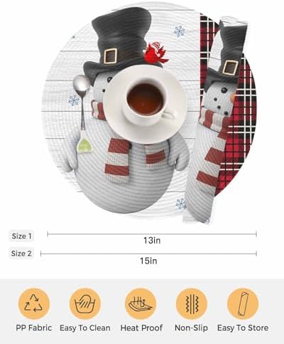 15inch Round Braided Placemats Set of 2, Washable Woven Dining Table Mats, Polypropylene Place Mats for Kitchen Table Home Decoration, Christmas Snowflowers Snowman