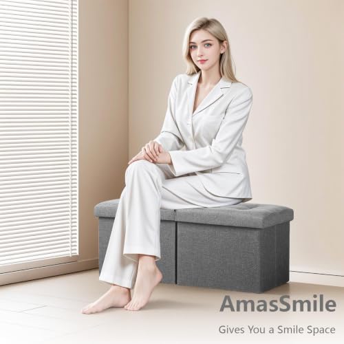 AmasSmile Footrest Ottoman Storage Bench, 34" Linen Folding Chest, Gray