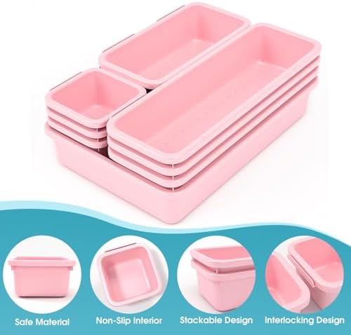 StoreHappily 10 PCS Drawer Organizer Set, 4 Size Makeup Drawer Divider Organizer With Non-Slip Pads, Interlocking Plastic Storage Bins for Office,Jewelry Vanity,Gadgets, Bathroom,Kitchen, Pink