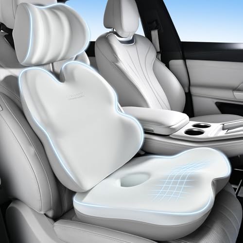 Coverado Car Seat Cushion Back Support Pillow Neck Headrest Pillow, Ergonomic Memory Foam Sciatica & Back & Tailbone Pain Relief Cushion for Office Chair Seat Cushion for Chair Gray&Light Gray
