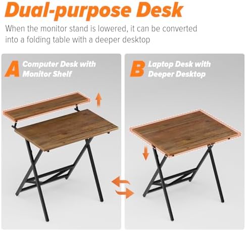 WOHOMO Folding Computer Desk with Monitor Stand, Adjustable Height, Walnut