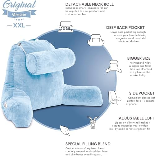 Husband Pillow XXL The Original for Adults - 30" Tall Backrest for Sitting Up in Bed - Firm Support Reading & Bed Rest Pillows for Adults, Neck Roll, Removable Cover - TV - Sky Blue