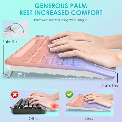 Full-Size Ergonomic Keyboard and Mouse, 2.4GHz Wireless Keyboard and Vertical Mouse with Tablet Phone Holder, Wrist Rest for Computer Mac PC Laptop Chromebook, Pinkpurple