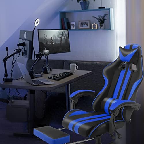 Racing Style PC Computer Chair,Computer Gaming Chair, E-Sports Chair,Ergonomic Office Chair with Height Adjustment,Retractable Footrest,Headrest and Massage Lumbar Support(Navy Blue)