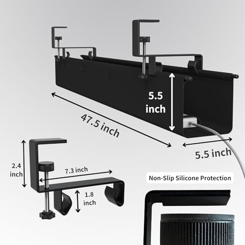 No Drill Under Desk Cable Management Tray, 47.5” Fabric Clamp Mount