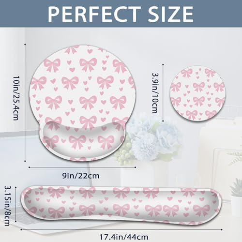 Cute Bow Wrist Rest Mouse Pad and Keyboard Support Set,Pink Heart 3 in 1 Ergonomic Memory Foam Mousepad with Non Slip Base, Gaming Mouse Pad for Office and Home