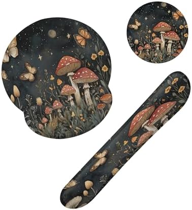 Mushroom Flower Butterfly Magic Mouse Pad with Wrist Rest and Keyboard Wrist Rest Set, Non-Slip Rubber Base Memory Foam Mouse Pad Set for Women, Office Desk Accessories, Gaming