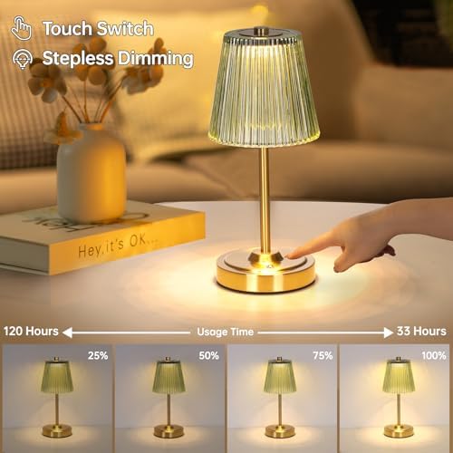 Shenmoyl Cordless Touch Table Lamp with 5200mAh Battery - 3 Adjustable Color Temperatures & Dimmable, Rechargeable Desk Lamp for Bedroom, Living Room, Office, Entryway, Bookshelves (Green Stripe)
