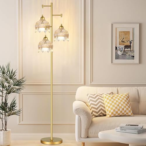 ZECOXOL Gold Floor Lamps for Living Room 3 Lights Floor Lamp with Glass Lampshape & Three Led Bulb,Mid Century Standing Lamp Vintage Brass Tall Lamp Tree Floor Lamp for Bedroom Corner