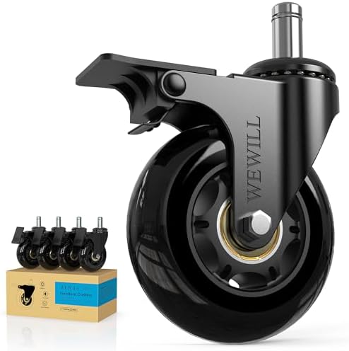WEWILL Office Chair Wheels - Rubber Casters Replacement Universal Fit 98% Chair(Set of 5) Heavy Duty 3 Inch Smoothly & Quietly Safe for All Floor, Hardwood, Tile, Carpet, Noise Free - Glossy Black