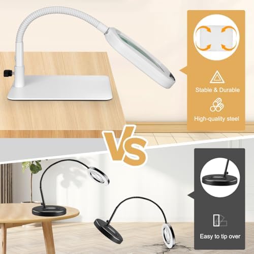 Veemagni 12X Rectangle Magnifying Glass with Light and Stand, Flexible Gooseneck LED Lighted Desk Lamp, 5 Color Modes Stepless Dimmable, Hands Free Magnifier for Reading Painting Close Work - White