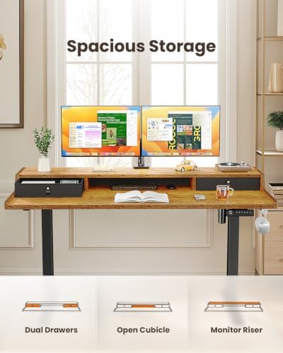 ErGear Electric Standing Desk with Drawers, 63″ x 28″ Gaming Table Compatible Monitor Stand, Stand up Desks, Home Office Height-Adjustable Desk with Storage Shelf, 4 Preset Heights, Vintage Brown