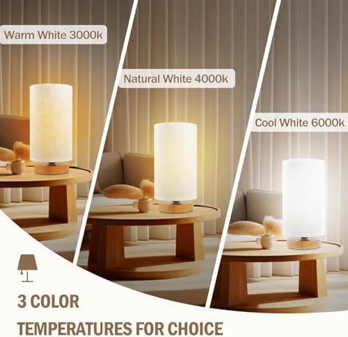 3-Color Adjustable Bedside Table Lamp for Bedroom Set of 2,Minimalist Wood Base&Round Fabric Shade,Cozy Lighting Nightstand Boho Lamp,Reading Desk Night Stand Light for Room,Office,kitchen,Nursery