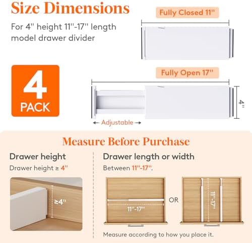 Lifewit 4" High Upgrade Drawer Divider, Adjustable Drawer Organizer Clothes