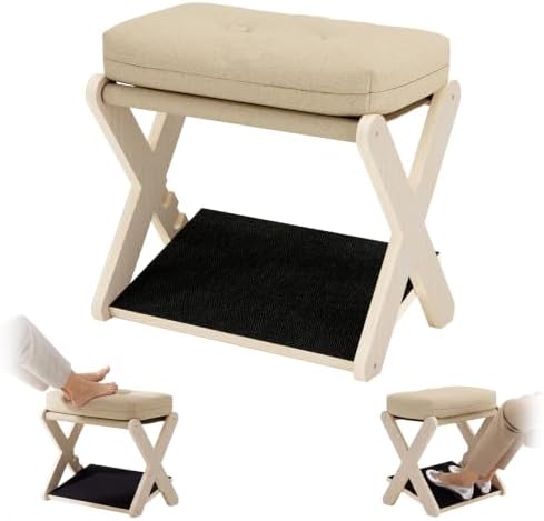 Adjustable Foot Rest Under Desk at Work, 16.6" Wide Wooden Ergonomic Footstool with 3 Height Options, Linen Cushion, Non-Slip EVA Stepping Surface & Posture Support for Office, Home & Gaming