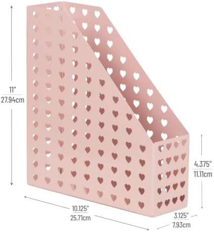 Mind Reader Vertical File Holder, Metal Magazine Organizer with Heart Cutout Design, Desktop Document Storage, Non-Skid Base, Pink