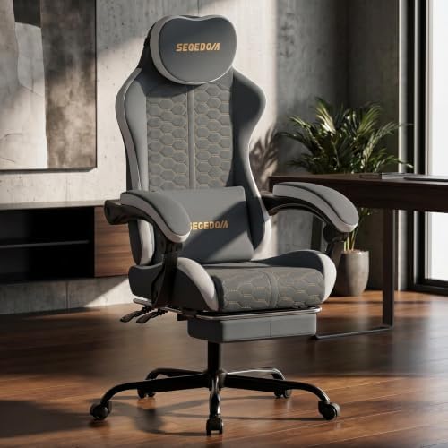 Honeycomb Embossed Gaming Chair with Footrest & Massage Lumbar Support, Adjustable Ergonomic Office Chair for Adults, 300 lbs (Grey White)