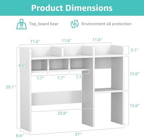 NUTIKAS Desk Hutch White Desktop Bookshelf Shelf - 37 Inch Computer Desk Organizer for Dorm Room, Wood Storage Rack for Home Office Desktop Display Shelves, Small Bookcase for Top of Desk