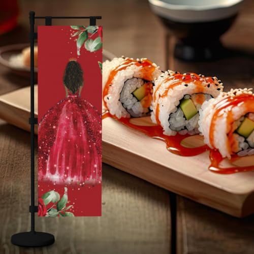 Red Roses Floral Brown Princess Dress Deluxe Desk Flag Set, 12 x 4 Inch Miniature Table Flag with 14" Pole & Stand Base
