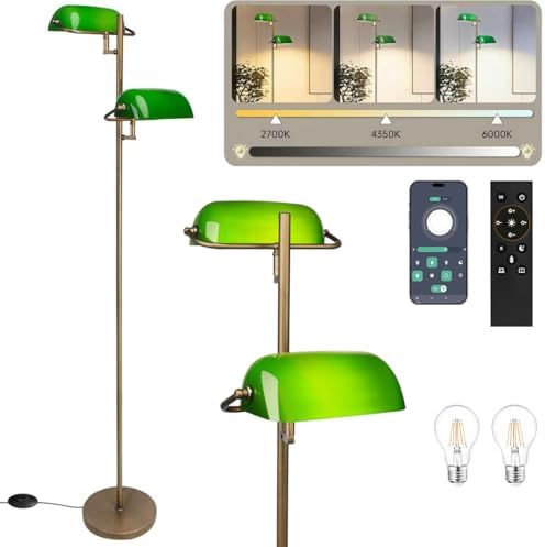 FIRVRE Bankers Floor Lamp for Living Room, Vintage Floor Lamp with Foot Switch,Remote Control Standing Lamp with Glass Lampshade, Antique Green Floor Light for Bedroom Office