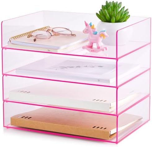Harloon 4 Tier Paper Organizer Letter Tray Pink Acrylic Desk File Organizer Heavy Duty Stackable Documents Clear Letter Paper Holder Office Tray for A4, Office Classroom Home File Pad Notebooks