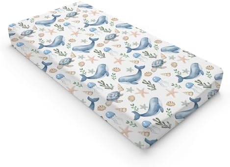 Watercolor Ocean Whale Sea Turtle Starfish Seashells Pattern Baby Changing Pad Cover, Unisex Sea Animal Nursery Diaper Changing Table Pad Mat Sheet for Boys Girls-16x32
