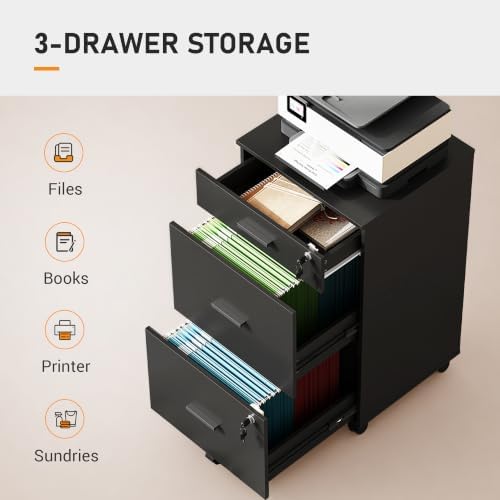 DEVAISE 3 Drawer Rolling File Cabinet with Lock, Wood Filing Cabinet fits Letter / A4 Size for Home Office, Black