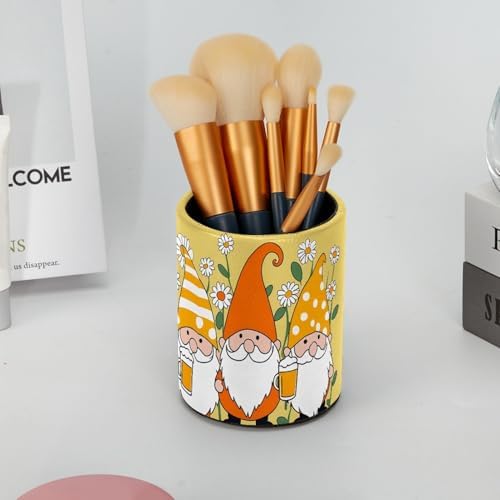 Gnomes Daisy Pen Holder Pencil Organizer Cute Pencil Cup Desk Decor Makeup Brush Holder PU Multifunctional Office Supplies for Home Classroom School