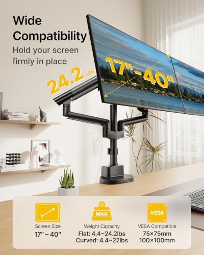 monTEK USB Stacked Dual Monitor Arm for 17-40" Screens, 24.3 lbs Each
